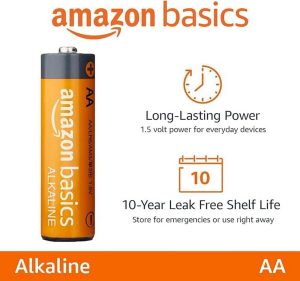 A single Amazon Basics AA battery with text explaining its long lasting power and shelf life