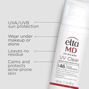 An infographic illustrating the sun protection, makeup compatibility, and acne prone skin benefits of EltaMD UV Clear Face Sunscreen