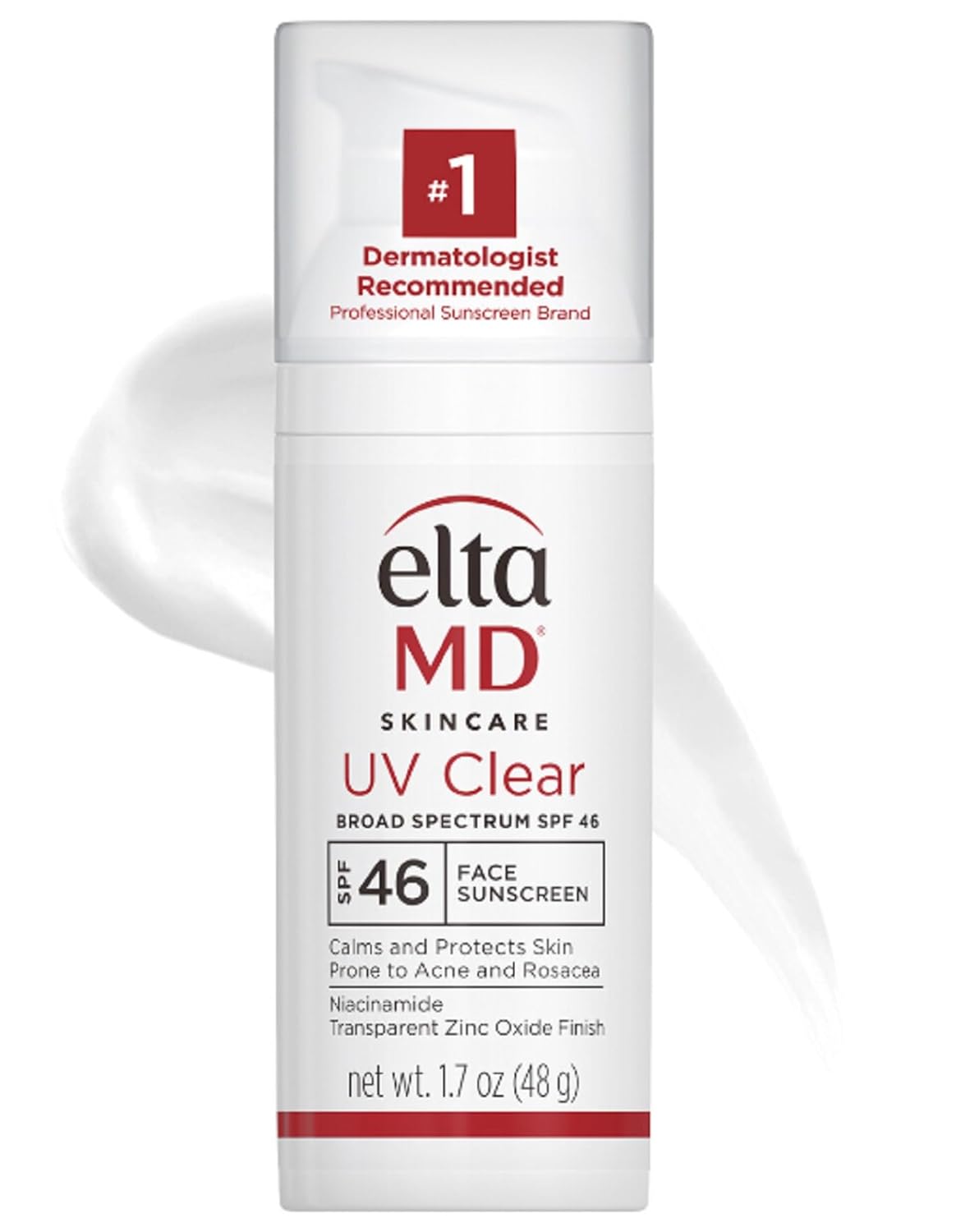 A bottle of EltaMD UV Clear Face Sunscreen, SPF 46 Oil Free Sunscreen with Zinc Oxide, Protects and Calms Sensitive Skin and Acne-Prone Skin, Lightweight, Silky, Dermatologist Recommended, 1.7 oz Pump on a white background