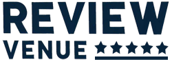 The logo of Review Venue, the navy blue words, Review Venue with 5 stars underneath