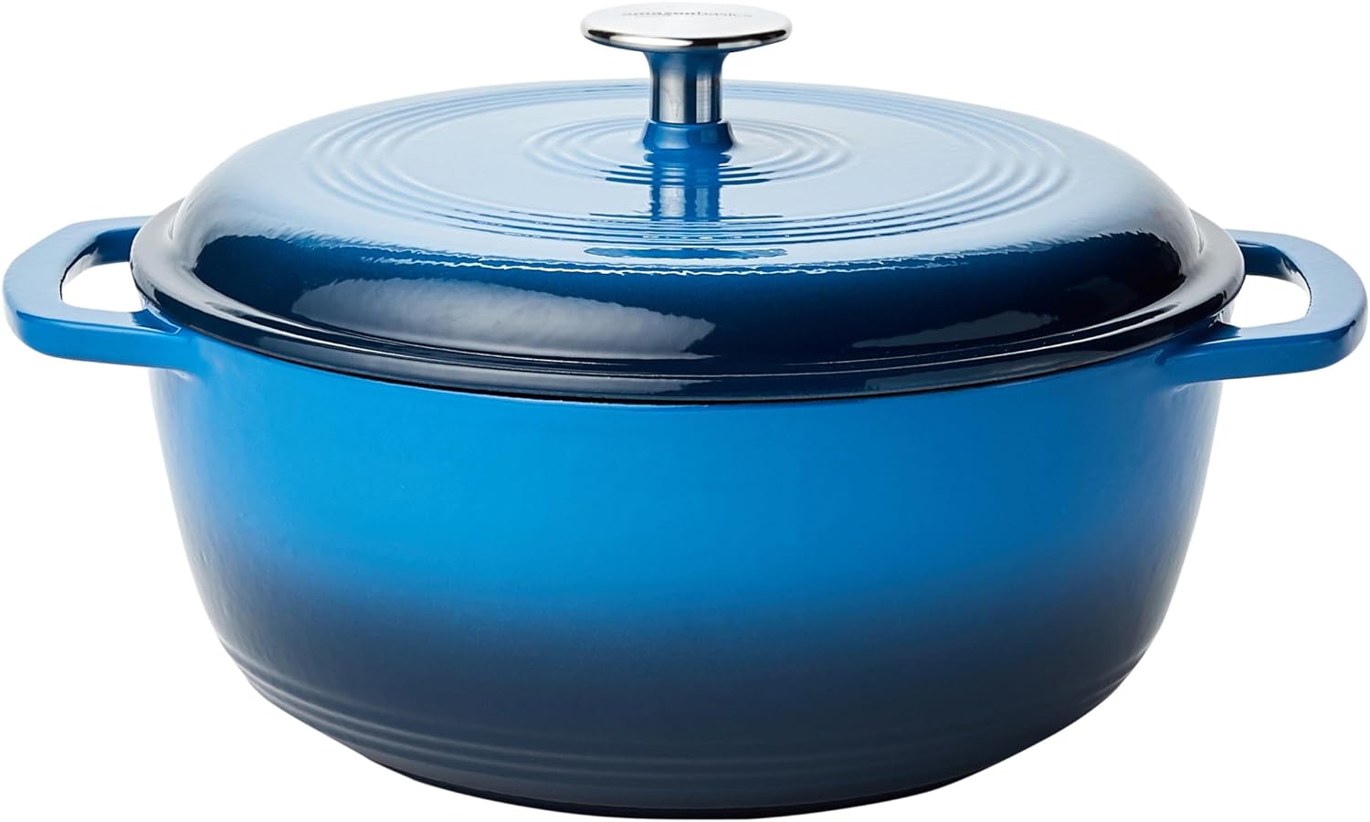 An Amazon Basics Enameled Cast Iron Covered Round Dutch Oven, 4.3-Quart in blue